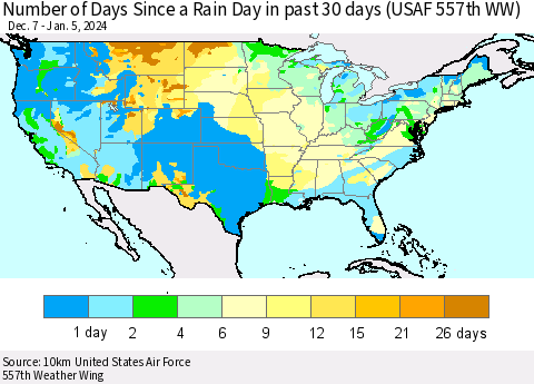 United States Number of Days Since a Rain Day in past 30 days (USAF 557th WW) Thematic Map For 1/1/2024 - 1/5/2024
