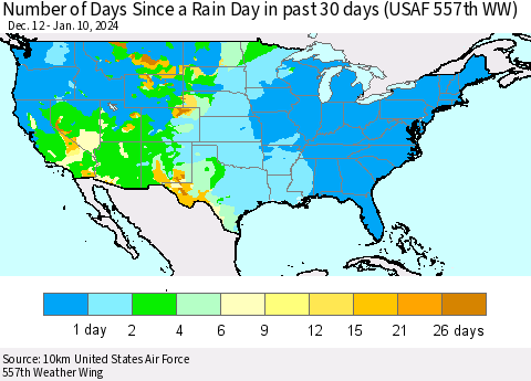 United States Number of Days Since a Rain Day in past 30 days (USAF 557th WW) Thematic Map For 1/6/2024 - 1/10/2024