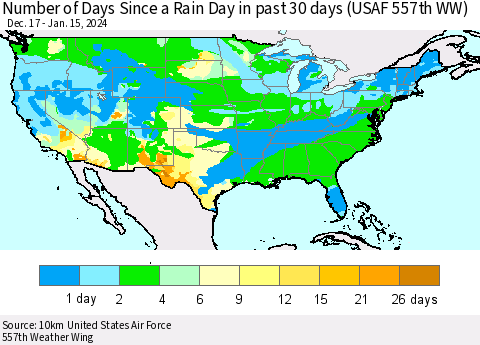 United States Number of Days Since a Rain Day in past 30 days (USAF 557th WW) Thematic Map For 1/11/2024 - 1/15/2024