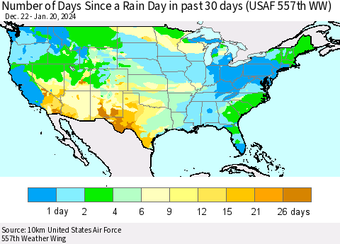 United States Number of Days Since a Rain Day in past 30 days (USAF 557th WW) Thematic Map For 1/16/2024 - 1/20/2024