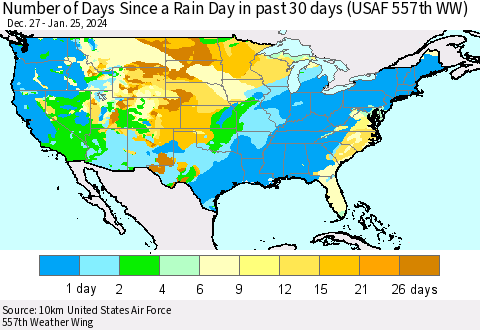 United States Number of Days Since a Rain Day in past 30 days (USAF 557th WW) Thematic Map For 1/21/2024 - 1/25/2024