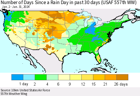 United States Number of Days Since a Rain Day in past 30 days (USAF 557th WW) Thematic Map For 1/26/2024 - 1/31/2024