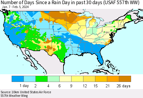 United States Number of Days Since a Rain Day in past 30 days (USAF 557th WW) Thematic Map For 2/1/2024 - 2/5/2024