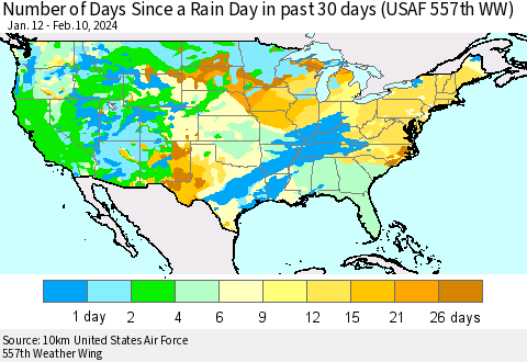 United States Number of Days Since a Rain Day in past 30 days (USAF 557th WW) Thematic Map For 2/6/2024 - 2/10/2024
