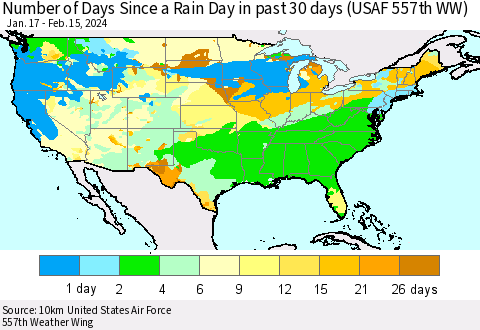 United States Number of Days Since a Rain Day in past 30 days (USAF 557th WW) Thematic Map For 2/11/2024 - 2/15/2024
