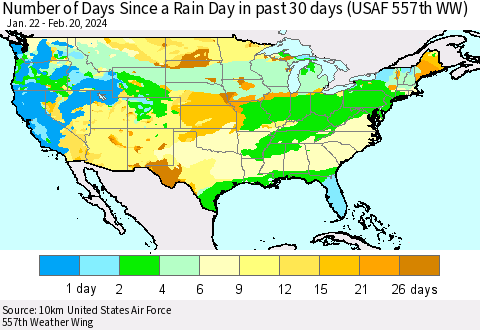 United States Number of Days Since a Rain Day in past 30 days (USAF 557th WW) Thematic Map For 2/16/2024 - 2/20/2024