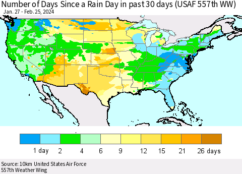 United States Number of Days Since a Rain Day in past 30 days (USAF 557th WW) Thematic Map For 2/21/2024 - 2/25/2024