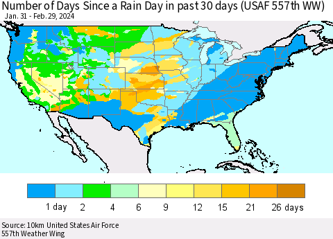 United States Number of Days Since a Rain Day in past 30 days (USAF 557th WW) Thematic Map For 2/26/2024 - 2/29/2024