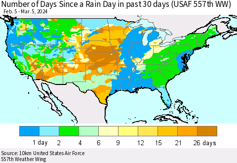 United States Number of Days Since a Rain Day in past 30 days (USAF 557th WW) Thematic Map For 3/1/2024 - 3/5/2024
