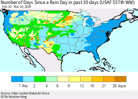 United States Number of Days Since a Rain Day in past 30 days (USAF 557th WW) Thematic Map For 3/6/2024 - 3/10/2024