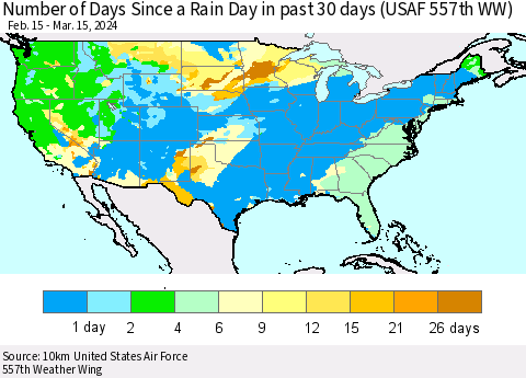 United States Number of Days Since a Rain Day in past 30 days (USAF 557th WW) Thematic Map For 3/11/2024 - 3/15/2024
