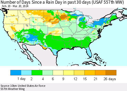United States Number of Days Since a Rain Day in past 30 days (USAF 557th WW) Thematic Map For 3/16/2024 - 3/20/2024