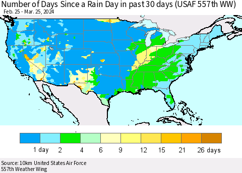 United States Number of Days Since a Rain Day in past 30 days (USAF 557th WW) Thematic Map For 3/21/2024 - 3/25/2024
