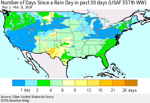 United States Number of Days Since a Rain Day in past 30 days (USAF 557th WW) Thematic Map For 3/26/2024 - 3/31/2024