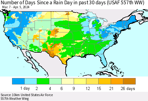 United States Number of Days Since a Rain Day in past 30 days (USAF 557th WW) Thematic Map For 4/1/2024 - 4/5/2024