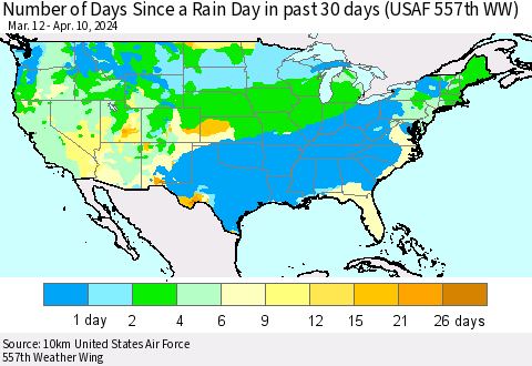 United States Number of Days Since a Rain Day in past 30 days (USAF 557th WW) Thematic Map For 4/6/2024 - 4/10/2024