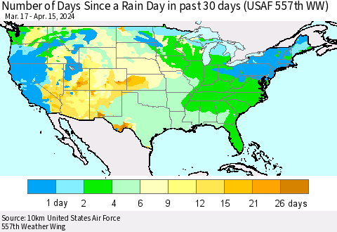 United States Number of Days Since a Rain Day in past 30 days (USAF 557th WW) Thematic Map For 4/11/2024 - 4/15/2024