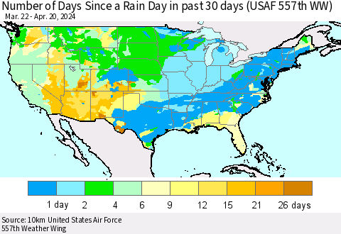 United States Number of Days Since a Rain Day in past 30 days (USAF 557th WW) Thematic Map For 4/16/2024 - 4/20/2024