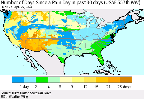United States Number of Days Since a Rain Day in past 30 days (USAF 557th WW) Thematic Map For 4/21/2024 - 4/25/2024