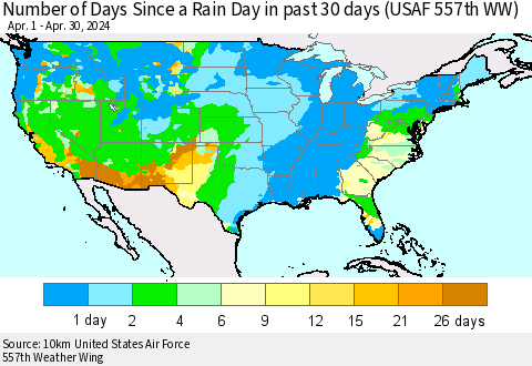 United States Number of Days Since a Rain Day in past 30 days (USAF 557th WW) Thematic Map For 4/26/2024 - 4/30/2024