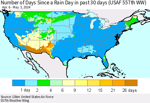 United States Number of Days Since a Rain Day in past 30 days (USAF 557th WW) Thematic Map For 5/1/2024 - 5/5/2024