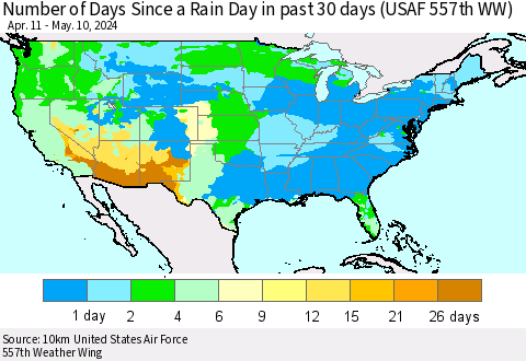 United States Number of Days Since a Rain Day in past 30 days (USAF 557th WW) Thematic Map For 5/6/2024 - 5/10/2024