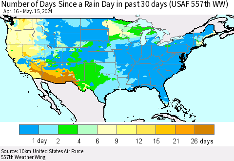 United States Number of Days Since a Rain Day in past 30 days (USAF 557th WW) Thematic Map For 5/11/2024 - 5/15/2024
