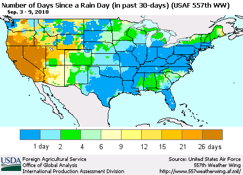 United States Number of Days Since a Rain Day in past 30 days (USAF 557th WW) Thematic Map For 9/3/2018 - 9/9/2018