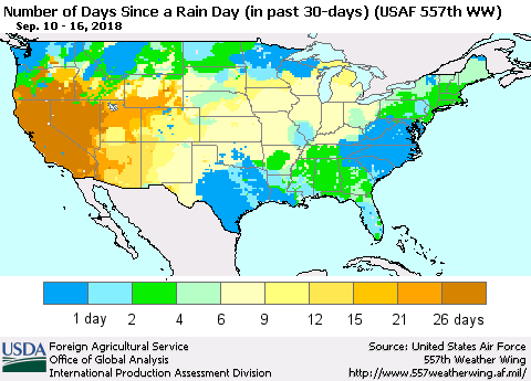 United States Number of Days Since a Rain Day in past 30 days (USAF 557th WW) Thematic Map For 9/10/2018 - 9/16/2018