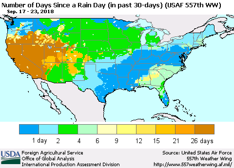 United States Number of Days Since a Rain Day in past 30 days (USAF 557th WW) Thematic Map For 9/17/2018 - 9/23/2018