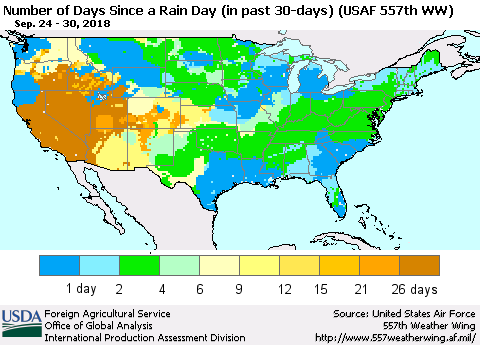 United States Number of Days Since a Rain Day in past 30 days (USAF 557th WW) Thematic Map For 9/24/2018 - 9/30/2018