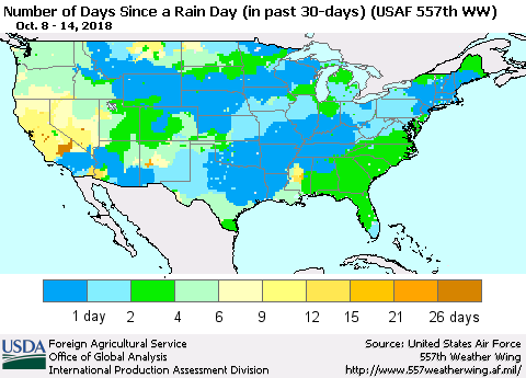 United States Number of Days Since a Rain Day in past 30 days (USAF 557th WW) Thematic Map For 10/8/2018 - 10/14/2018