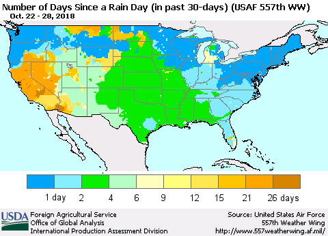 United States Number of Days Since a Rain Day in past 30 days (USAF 557th WW) Thematic Map For 10/22/2018 - 10/28/2018