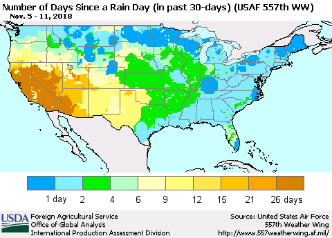 United States Number of Days Since a Rain Day in past 30 days (USAF 557th WW) Thematic Map For 11/5/2018 - 11/11/2018