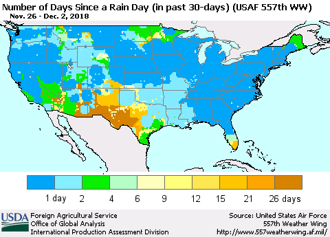 United States Number of Days Since a Rain Day in past 30 days (USAF 557th WW) Thematic Map For 11/26/2018 - 12/2/2018
