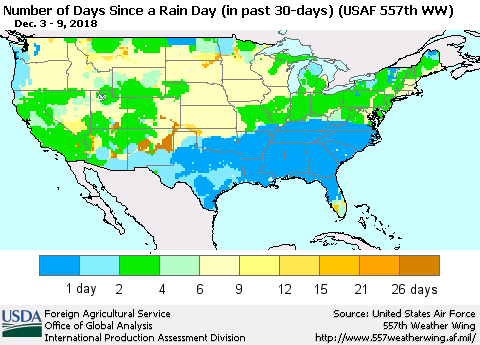 United States Number of Days Since a Rain Day in past 30 days (USAF 557th WW) Thematic Map For 12/3/2018 - 12/9/2018
