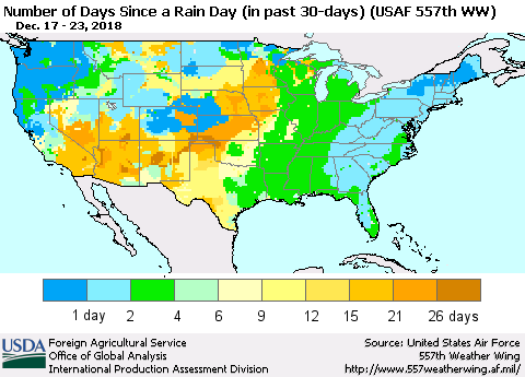 United States Number of Days Since a Rain Day in past 30 days (USAF 557th WW) Thematic Map For 12/17/2018 - 12/23/2018