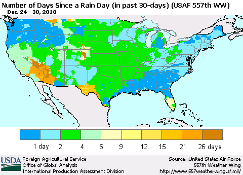 United States Number of Days Since a Rain Day in past 30 days (USAF 557th WW) Thematic Map For 12/24/2018 - 12/30/2018