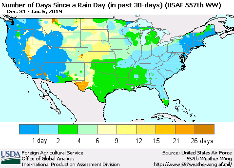 United States Number of Days Since a Rain Day in past 30 days (USAF 557th WW) Thematic Map For 12/31/2018 - 1/6/2019