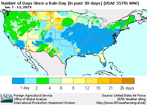 United States Number of Days Since a Rain Day in past 30 days (USAF 557th WW) Thematic Map For 1/7/2019 - 1/13/2019