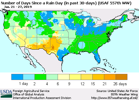 United States Number of Days Since a Rain Day in past 30 days (USAF 557th WW) Thematic Map For 1/21/2019 - 1/27/2019