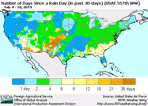 United States Number of Days Since a Rain Day in past 30 days (USAF 557th WW) Thematic Map For 2/4/2019 - 2/10/2019