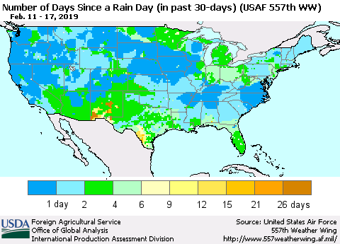United States Number of Days Since a Rain Day in past 30 days (USAF 557th WW) Thematic Map For 2/11/2019 - 2/17/2019