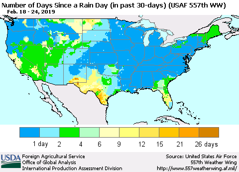 United States Number of Days Since a Rain Day in past 30 days (USAF 557th WW) Thematic Map For 2/18/2019 - 2/24/2019