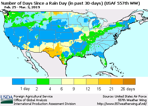United States Number of Days Since a Rain Day in past 30 days (USAF 557th WW) Thematic Map For 2/25/2019 - 3/3/2019