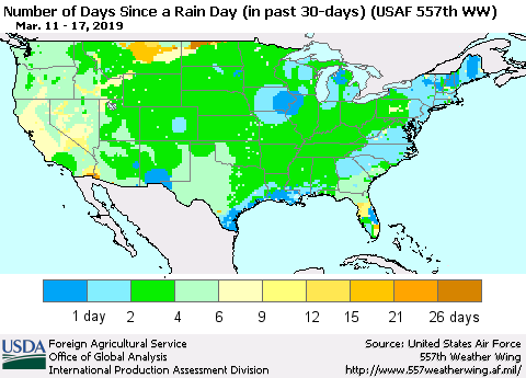 United States Number of Days Since a Rain Day in past 30 days (USAF 557th WW) Thematic Map For 3/11/2019 - 3/17/2019