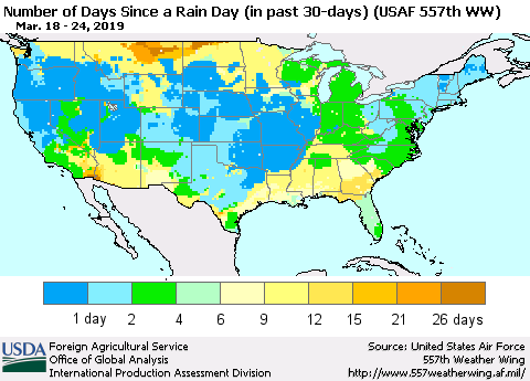United States Number of Days Since a Rain Day in past 30 days (USAF 557th WW) Thematic Map For 3/18/2019 - 3/24/2019