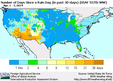 United States Number of Days Since a Rain Day in past 30 days (USAF 557th WW) Thematic Map For 4/1/2019 - 4/7/2019
