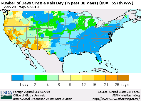 United States Number of Days Since a Rain Day in past 30 days (USAF 557th WW) Thematic Map For 4/29/2019 - 5/5/2019