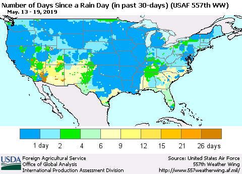 United States Number of Days Since a Rain Day in past 30 days (USAF 557th WW) Thematic Map For 5/13/2019 - 5/19/2019